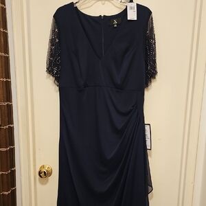 Elegant Navy Blue Dress with Beaded Sleeves